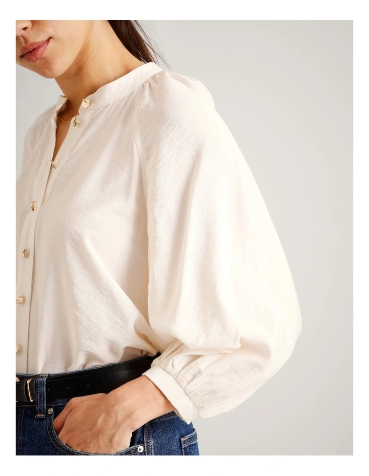 Sustainable Viscose Blend Button Through Raglan Sleeve Top in Ecru image 2