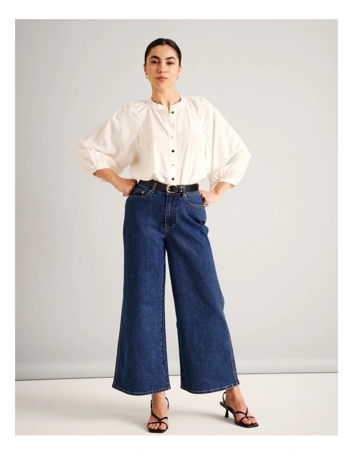 Sustainable Viscose Blend Button Through Raglan Sleeve Top in Ecru image 3