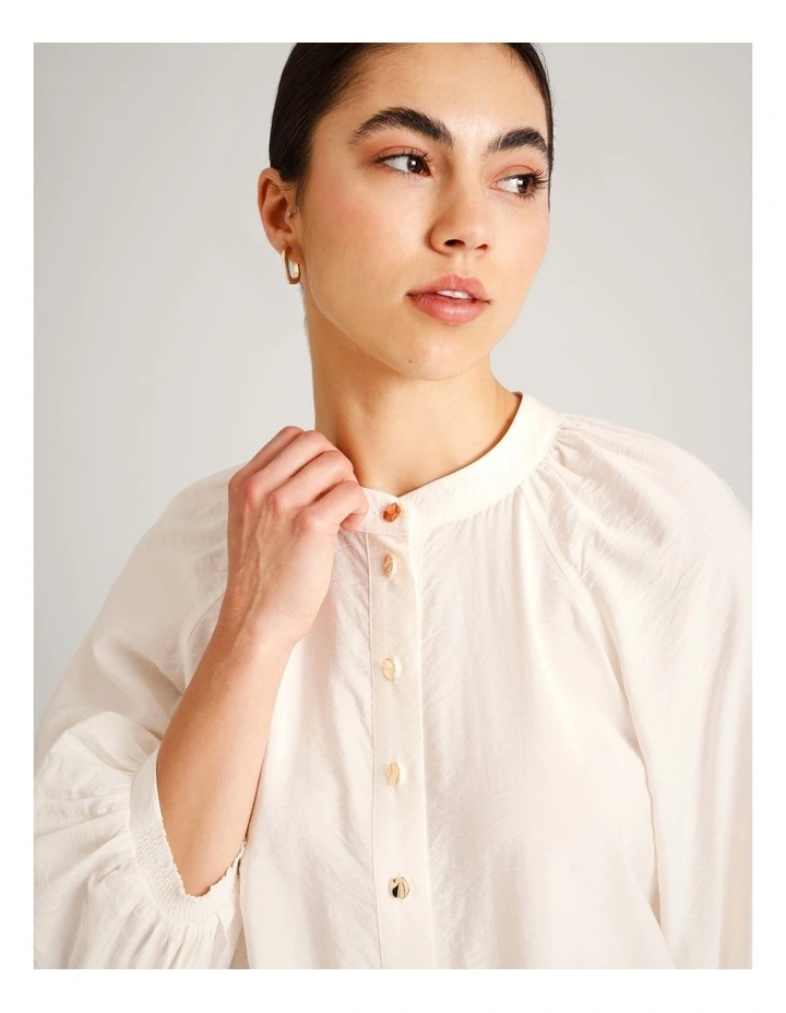 Sustainable Viscose Blend Button Through Raglan Sleeve Top in Ecru image 4