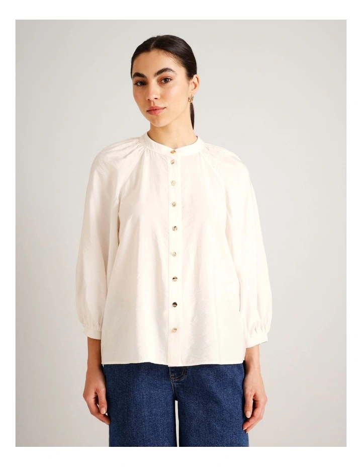 Sustainable Viscose Blend Button Through Raglan Sleeve Top in Ecru image 5