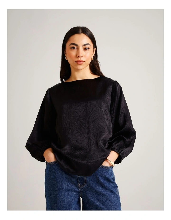 Crushed Acetate Long Sleeve Top in Black image 1