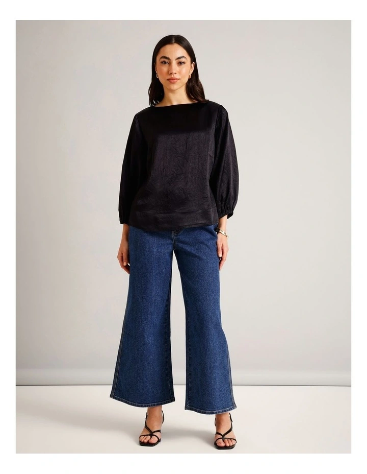 Crushed Acetate Long Sleeve Top in Black image 2