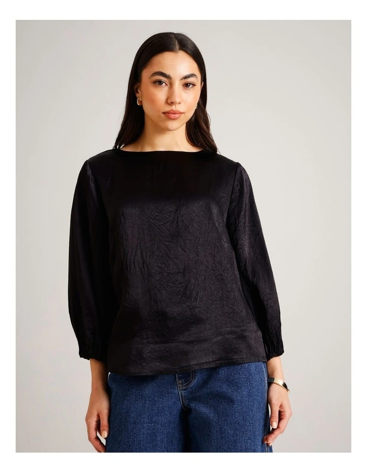 Crushed Acetate Long Sleeve Top in Black image 3