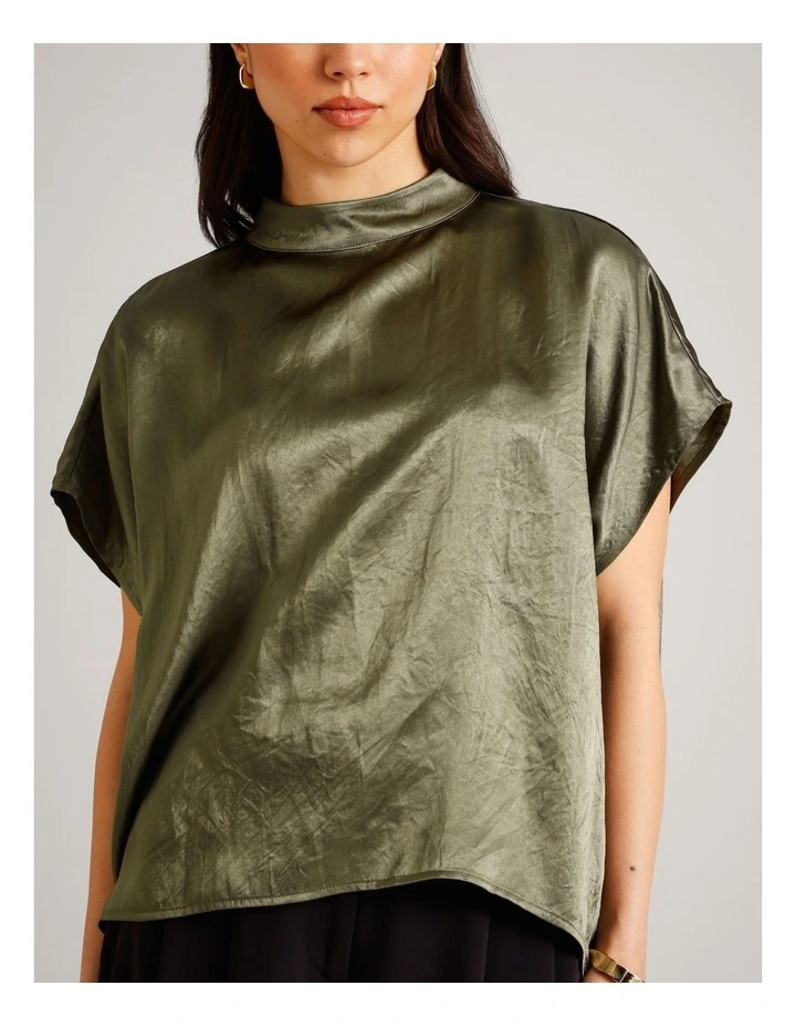 Crushed Acetate Relaxed Top in Khaki image 3