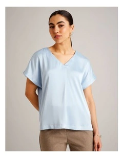 Satin V-Neck Tee in Light Blue