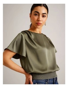 Satin Elastic Waist Tee in Khaki