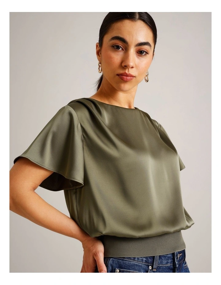 Satin Elastic Waist Tee in Khaki image 1