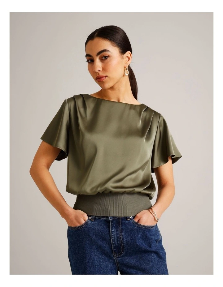 Satin Elastic Waist Tee in Khaki image 2