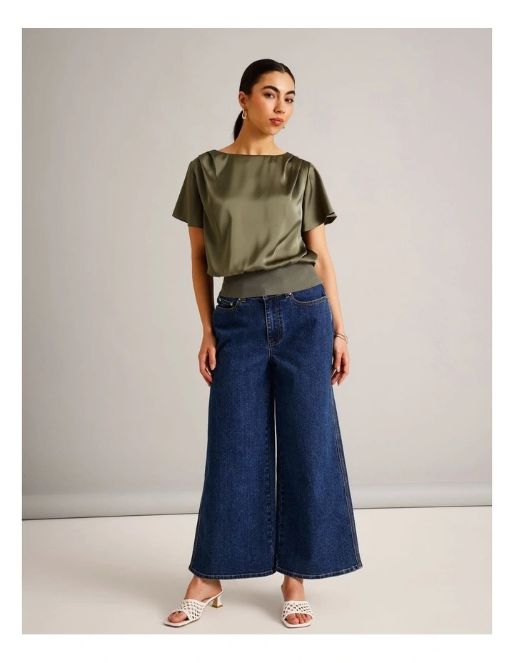 Satin Elastic Waist Tee in Khaki image 3
