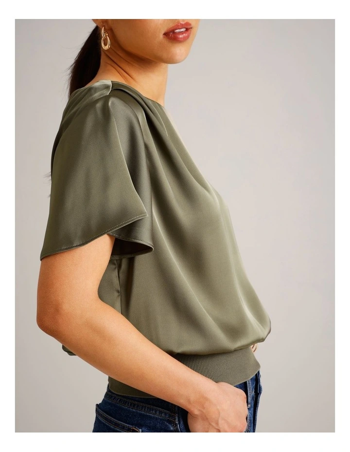 Satin Elastic Waist Tee in Khaki image 4