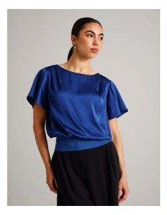 Satin Elastic Waist Tee in Cobalt