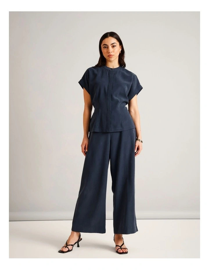 Flat Front Elasticated Back Wide Leg Pant in Navy image 2