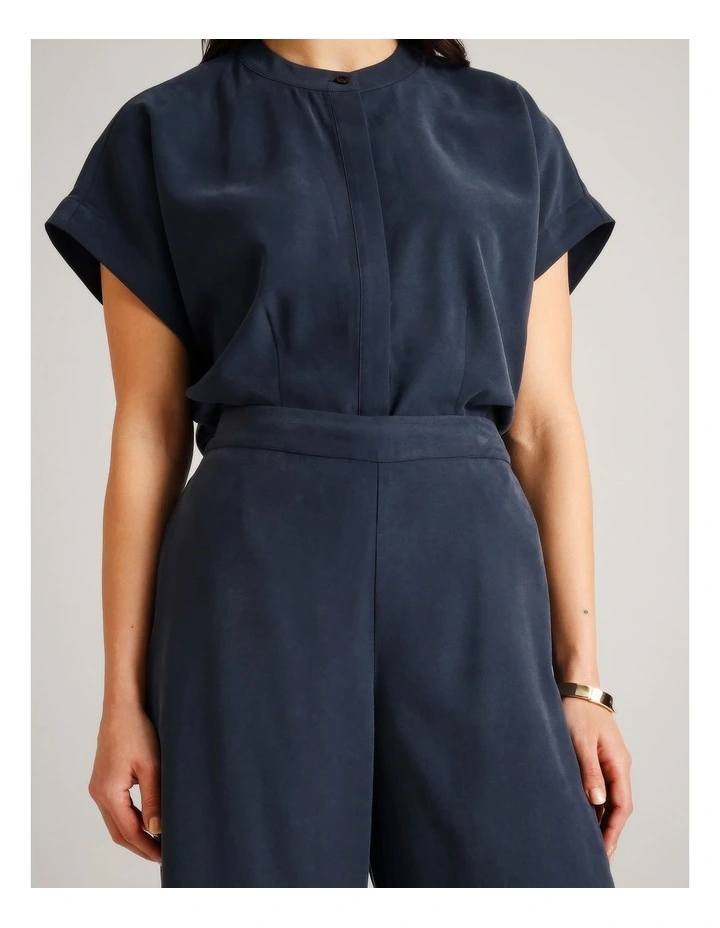 Flat Front Elasticated Back Wide Leg Pant in Navy image 3