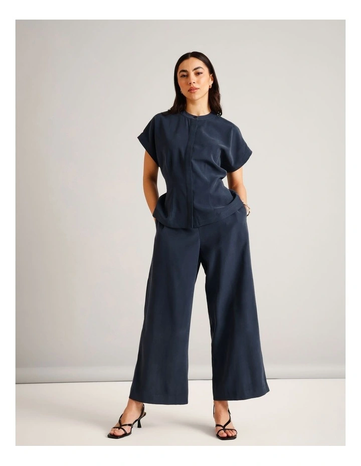 Flat Front Elasticated Back Wide Leg Pant in Navy image 4