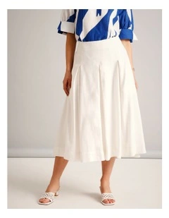 European Linen Blend Pleat Detail Skirt in Ivory