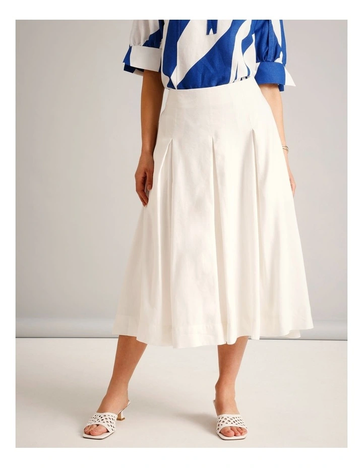 European Linen Blend Pleat Detail Skirt in Ivory image 1