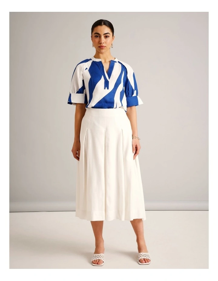 European Linen Blend Pleat Detail Skirt in Ivory image 2
