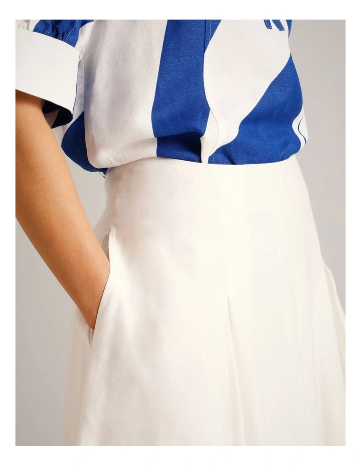 European Linen Blend Pleat Detail Skirt in Ivory image 3