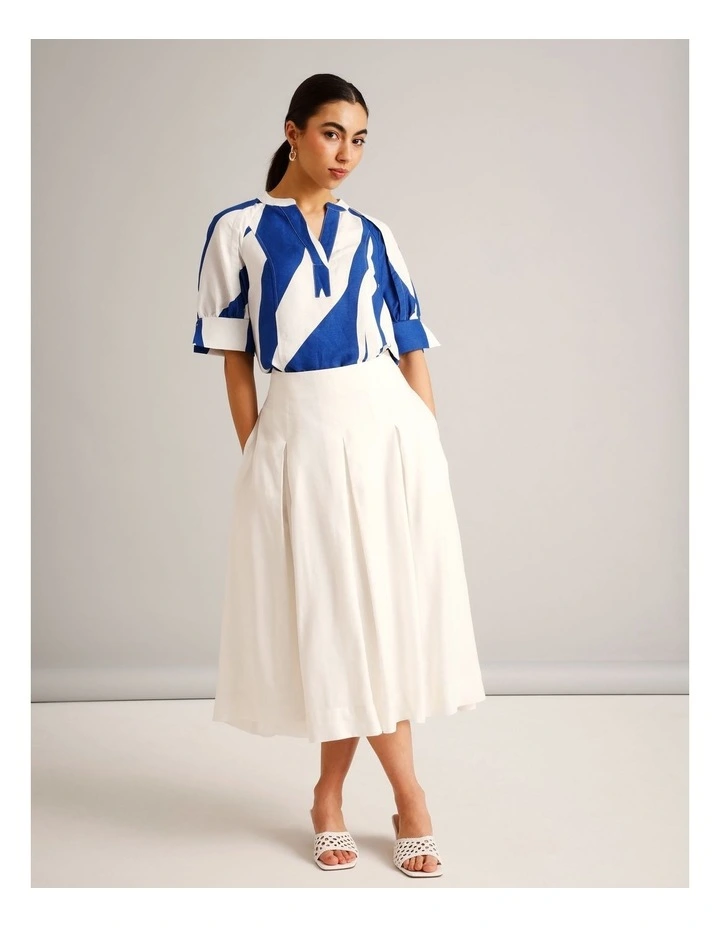 European Linen Blend Pleat Detail Skirt in Ivory image 6
