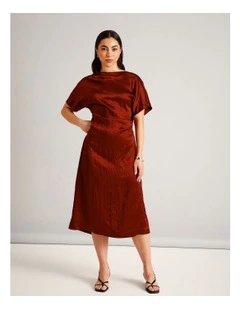 Crushed Acetate Twist Back Dress in Rust