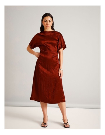 Crushed Acetate Twist Back Dress in Rust