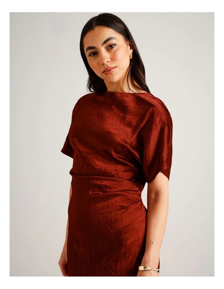 Crushed Acetate Twist Back Dress in Rust image 2