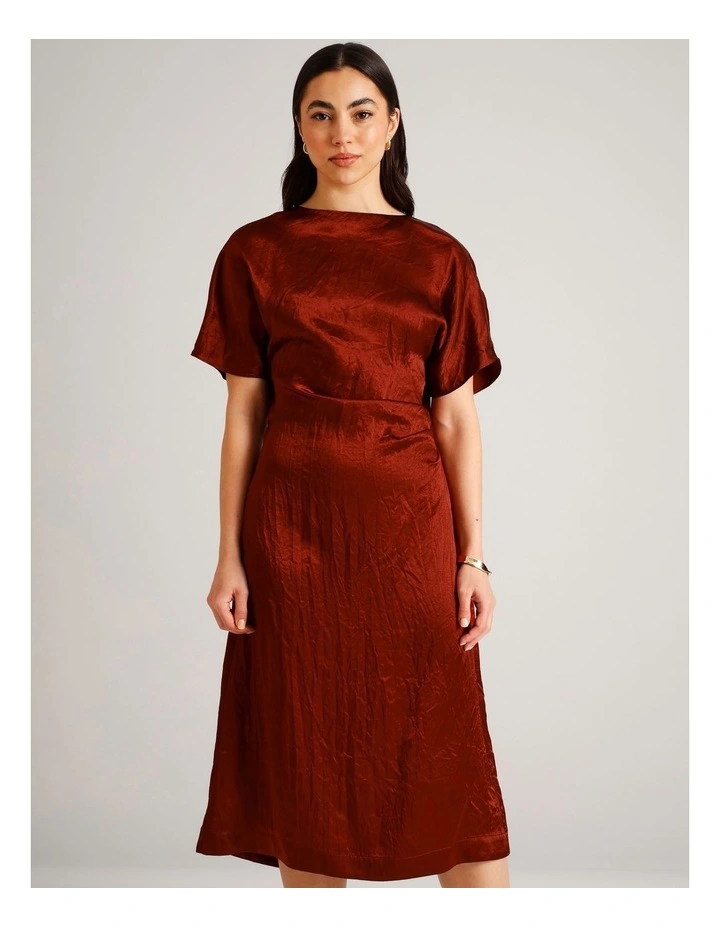 Crushed Acetate Twist Back Dress in Rust image 3