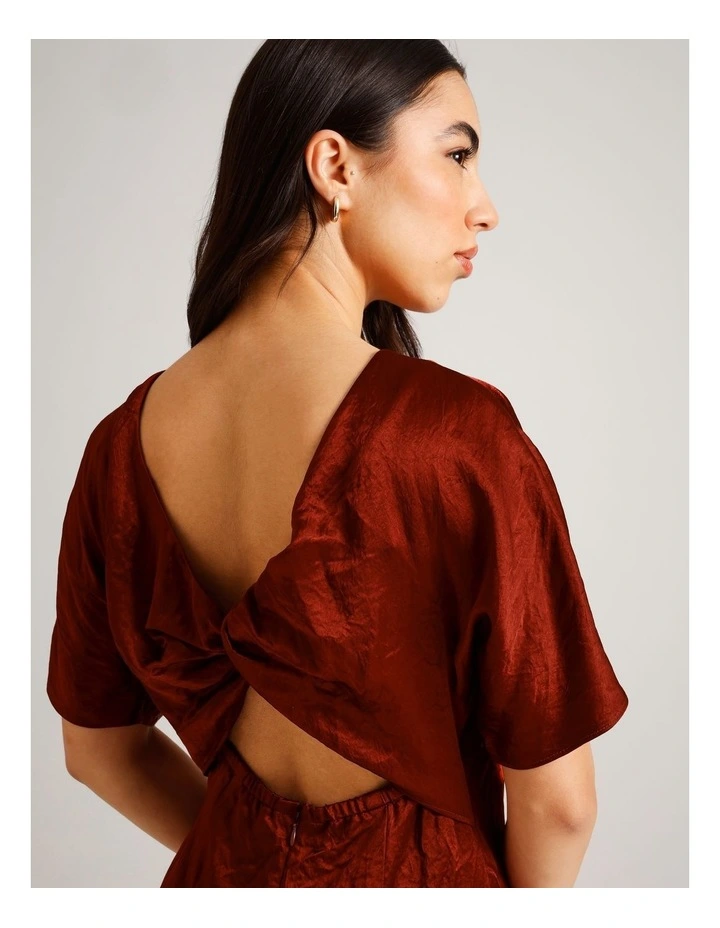 Crushed Acetate Twist Back Dress in Rust image 6