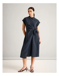 Viscose Blend Extended Sleeve Wrap Front Dress in Navy