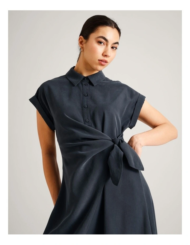 Viscose Blend Extended Sleeve Wrap Front Dress in Navy image 2