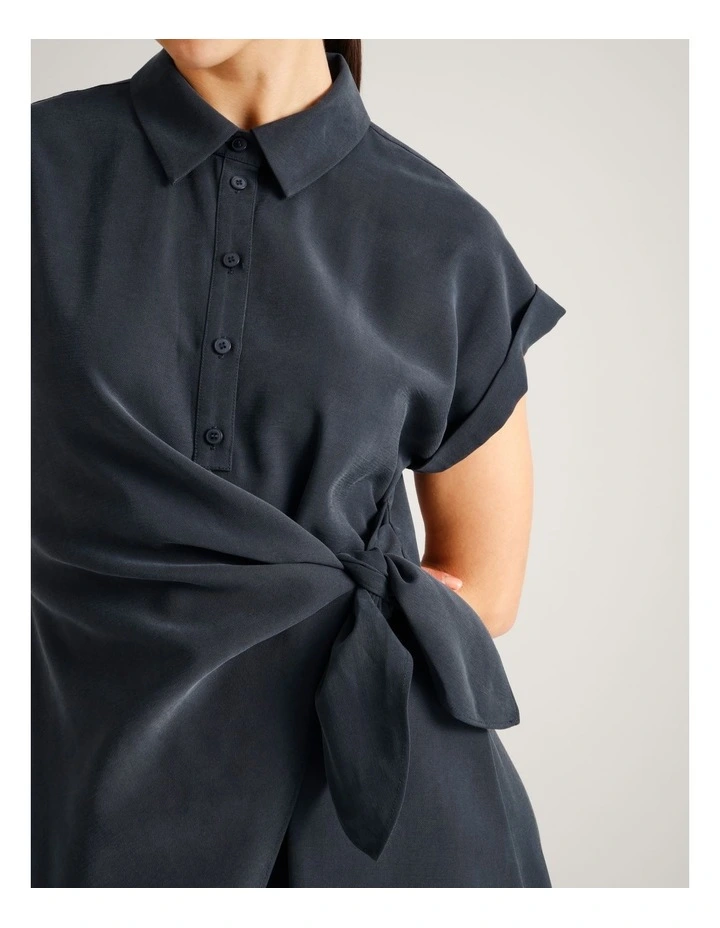 Viscose Blend Extended Sleeve Wrap Front Dress in Navy image 3