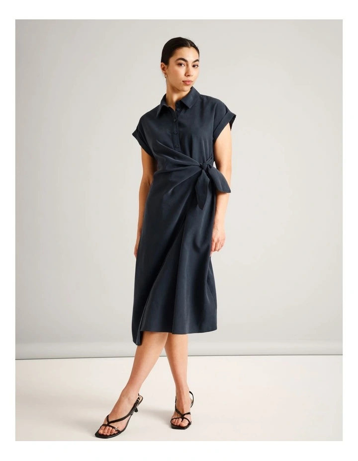 Viscose Blend Extended Sleeve Wrap Front Dress in Navy image 4