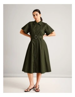 Organic Cotton Blend Short Sleeve Shirt Dress in Khaki