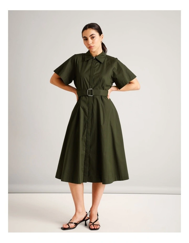 Organic Cotton Blend Short Sleeve Shirt Dress in Khaki image 1