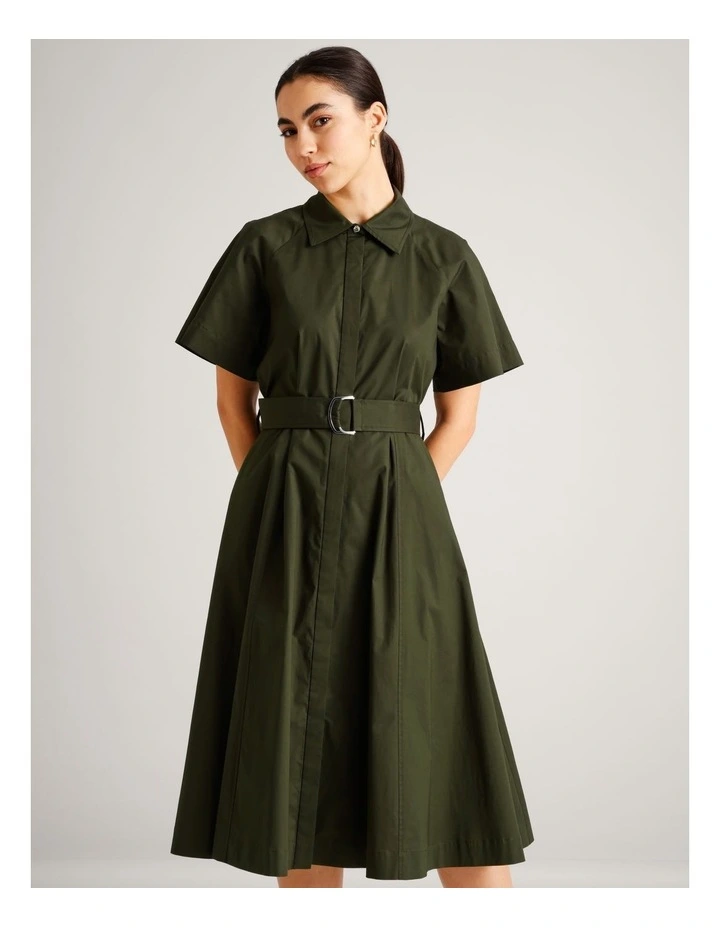 Organic Cotton Blend Short Sleeve Shirt Dress in Khaki image 2