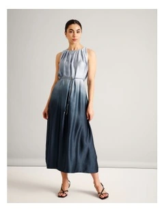 Viscose Blend Pleated Neck Sleeveless Maxi Dress in Assorted