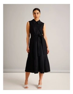 Sleeveless Linen Blend Tie Waist Dress in Black
