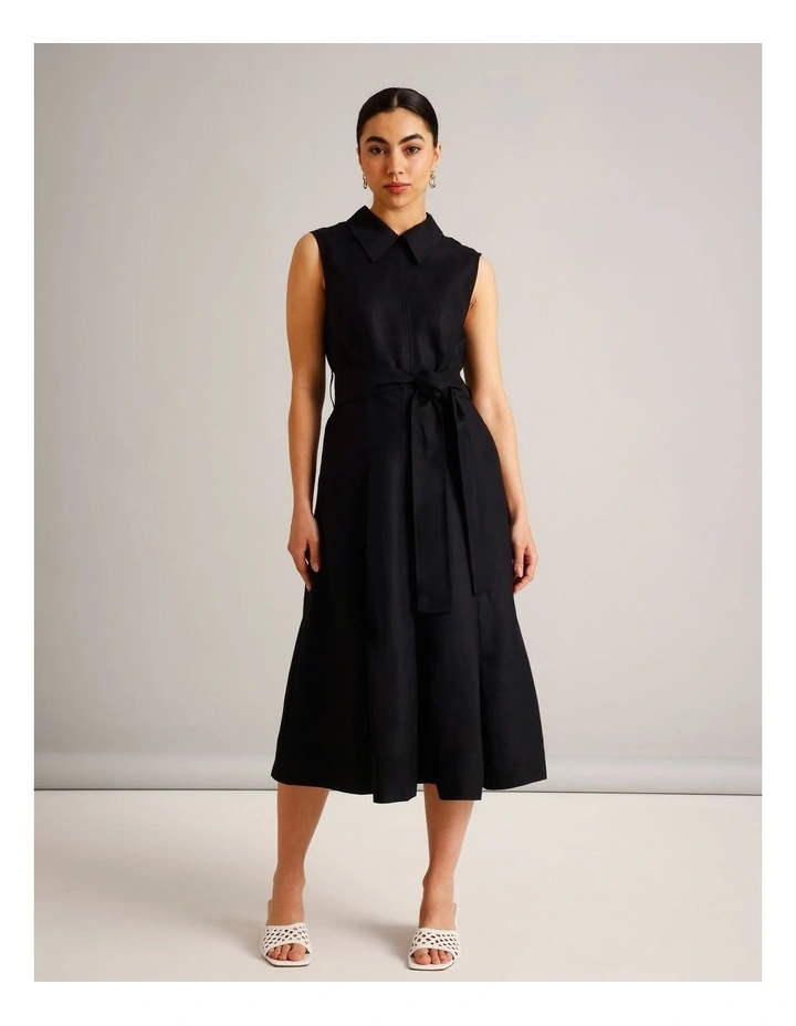 Sleeveless Linen Blend Tie Waist Dress in Black image 1