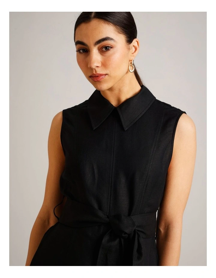Sleeveless Linen Blend Tie Waist Dress in Black image 2