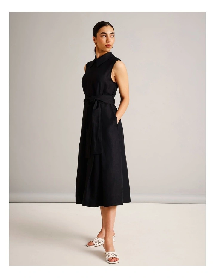 Sleeveless Linen Blend Tie Waist Dress in Black image 3