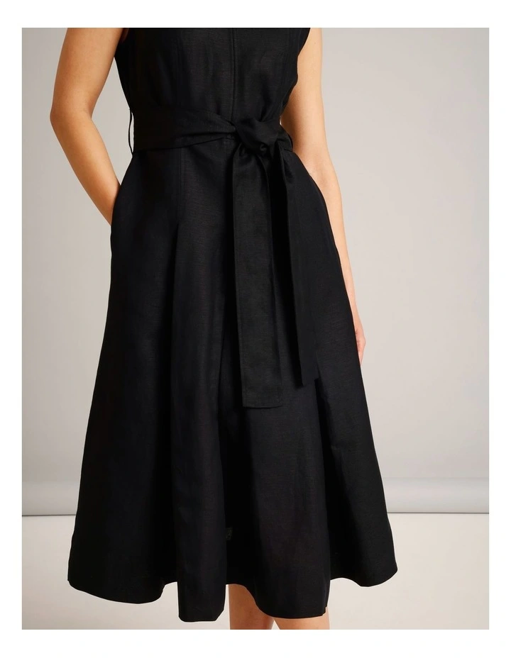 Sleeveless Linen Blend Tie Waist Dress in Black image 4