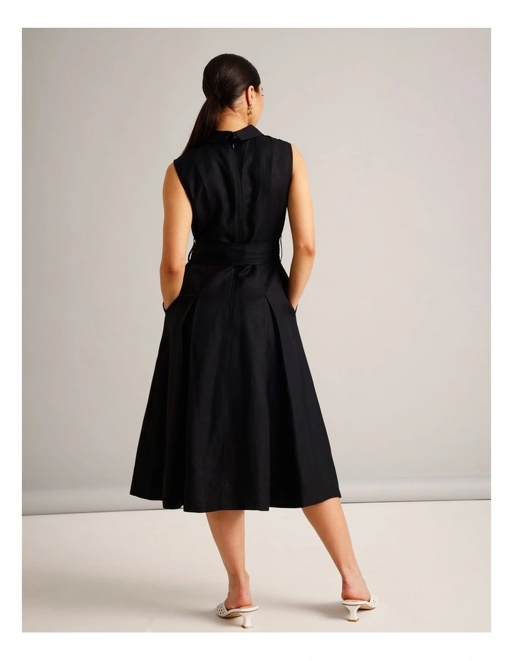 Sleeveless Linen Blend Tie Waist Dress in Black image 5