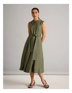 Sleeveless Linen Blend Tie Waist Dress in Khaki