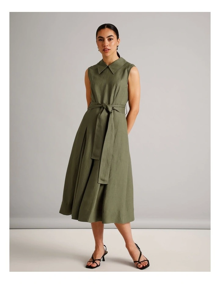 Sleeveless Linen Blend Tie Waist Dress in Khaki image 1