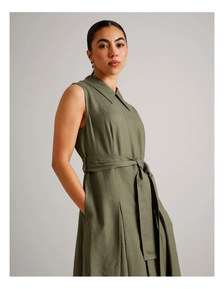 Sleeveless Linen Blend Tie Waist Dress in Khaki image 2