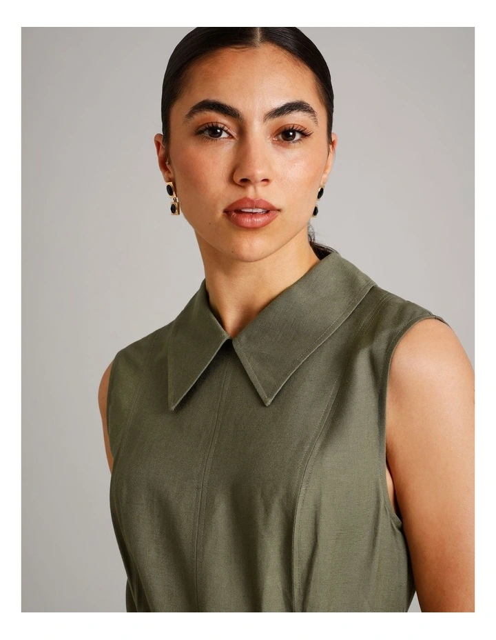 Sleeveless Linen Blend Tie Waist Dress in Khaki image 3