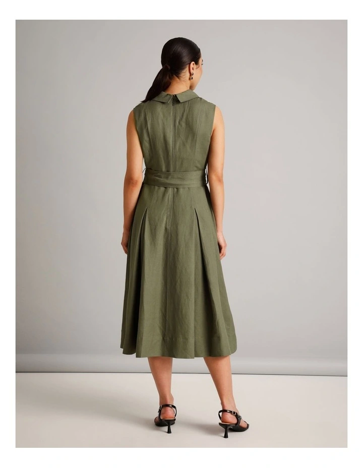 Sleeveless Linen Blend Tie Waist Dress in Khaki image 4