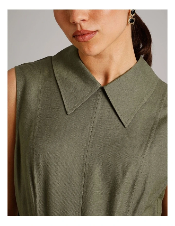 Sleeveless Linen Blend Tie Waist Dress in Khaki image 5