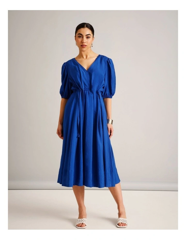 Sustainable Viscose Drawcord Detail Short Sleeve Dress in Cobalt image 1
