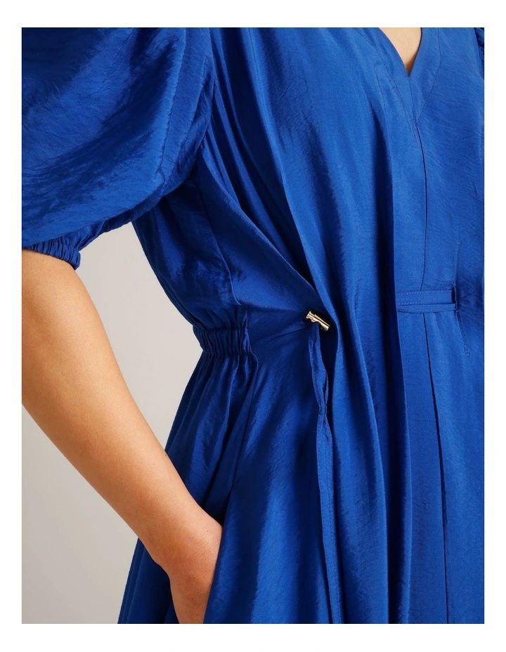 Sustainable Viscose Drawcord Detail Short Sleeve Dress in Cobalt image 3
